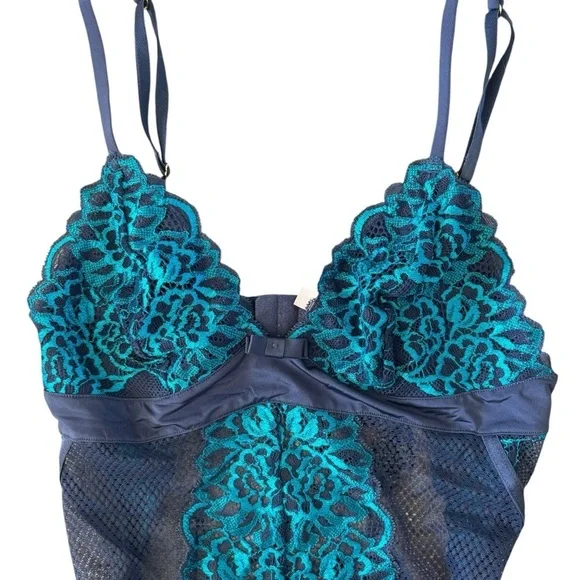 2/$30 La Vie En Rose New With Tags Teal Lace Bodysuit Size Extra Small - Picture 5 of 7